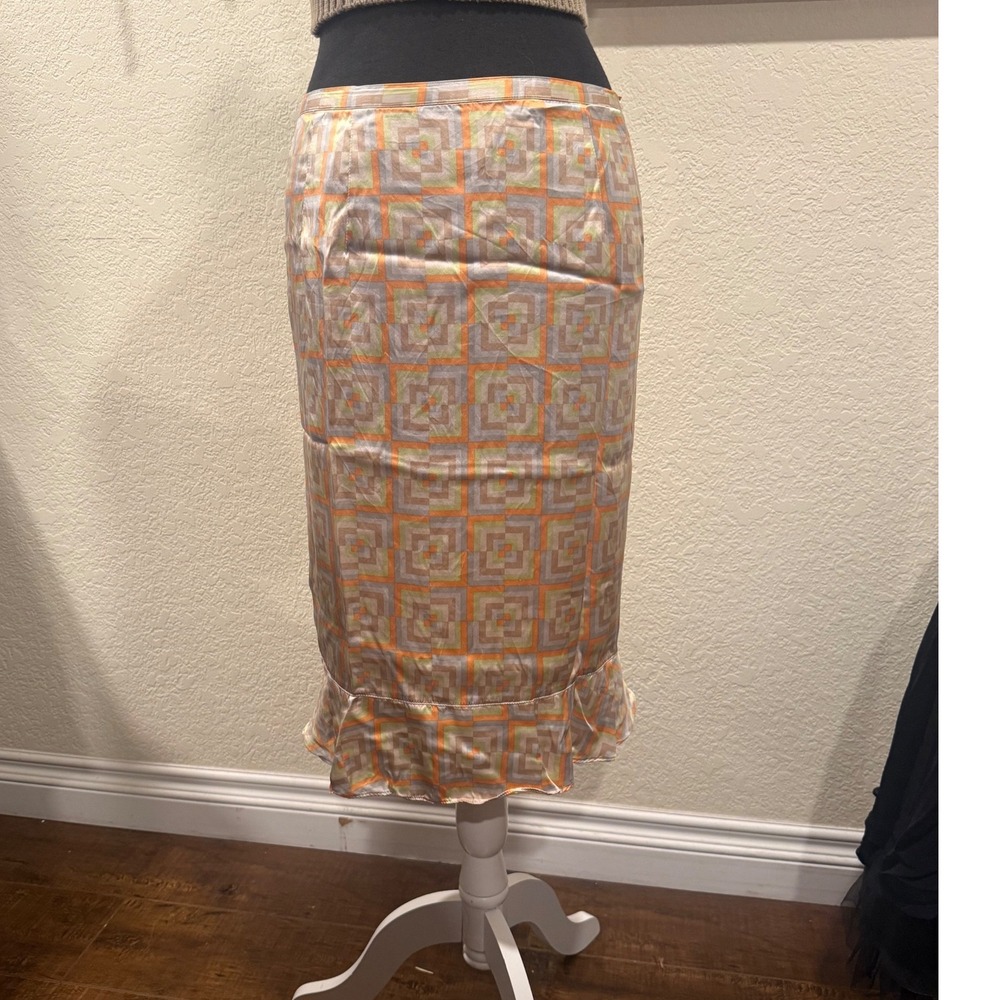 Herve Benard Collection 100% Silk Geometric Print Ruffle Hem Midi Skirt Orange
